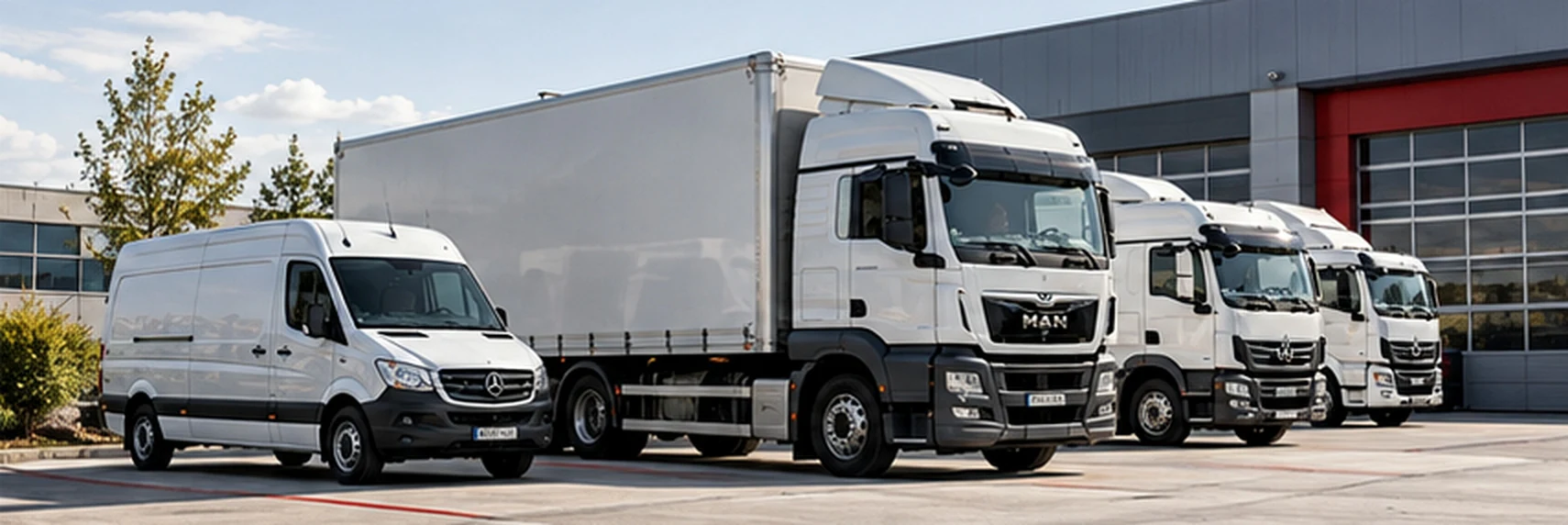 Illustrative fleet image showing a white van and several trucks
